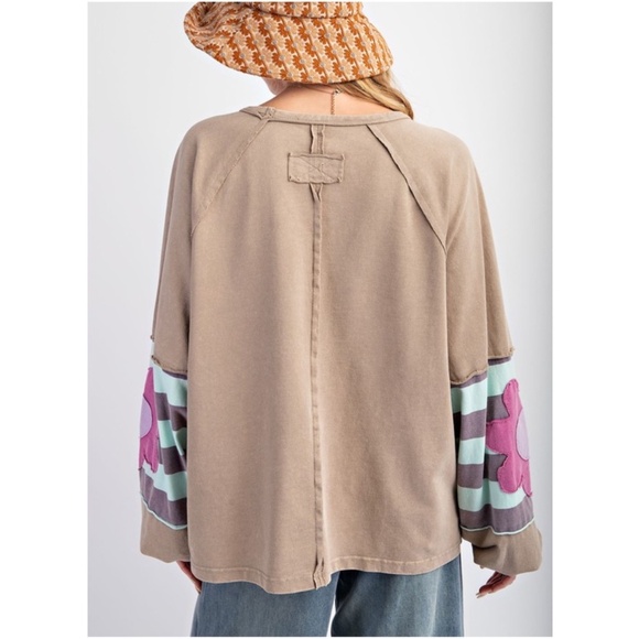 Boho Floral Patch Striped Reverse Stitch Oversized Sweatshirt Top Easel NWT - Picture 5 of 5